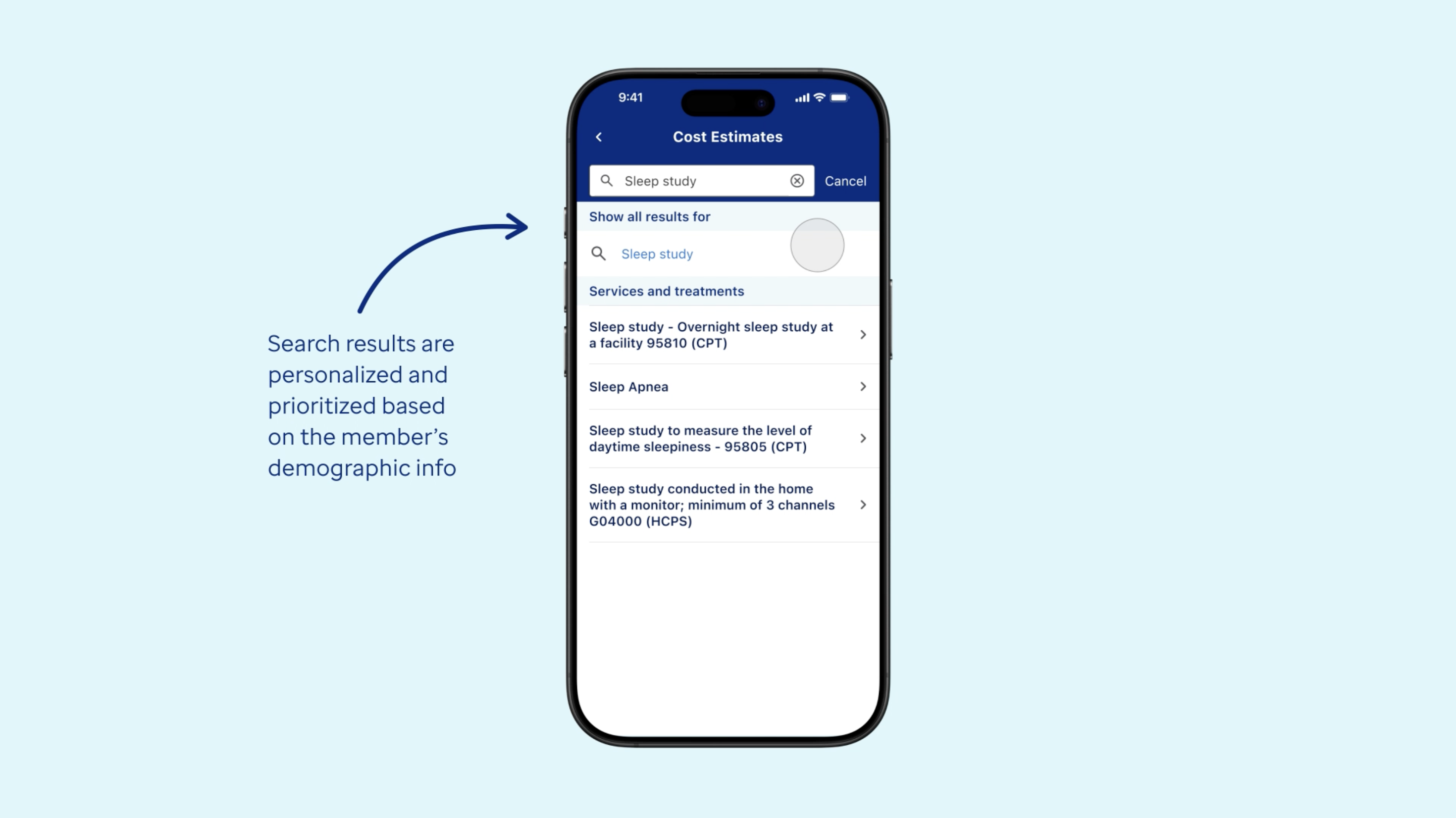 Mobile screenshot showing a member searching for a sleep study with personalized search results.